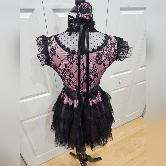 Dolls Kill Unholy Goth Rehearsal Party Pink Black Tiered Lace Mini Dress XS - Picture 7 of 9